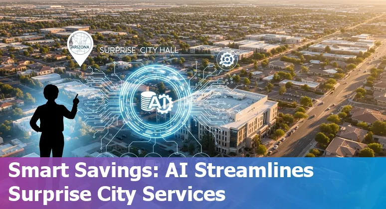 Surprise, Arizona city hall with AI icons overlay showing cost savings and efficiency across Arizona, US