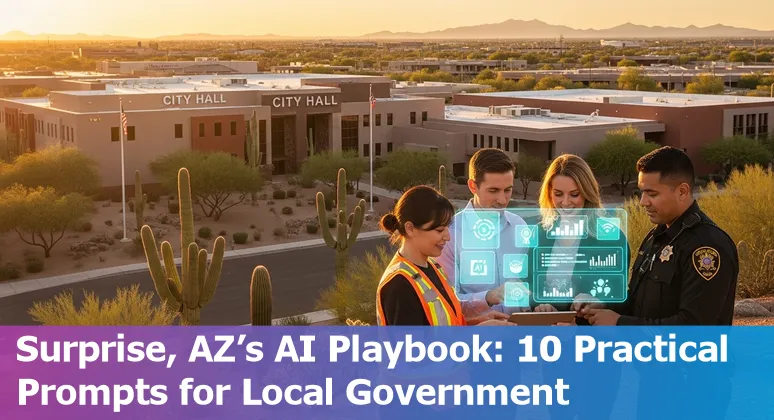 City of Surprise, Arizona skyline with AI icons representing civic services and public safety