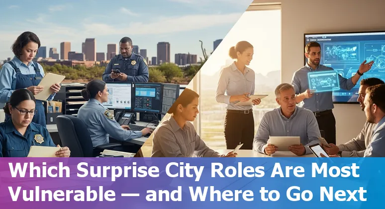 City of Surprise, Arizona municipal worker at a customer service desk with AI icons overlayed