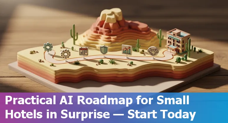 AI in hospitality guide for Surprise, AZ hotels in 2025 showing AI concierge and Surprise, Arizona skyline