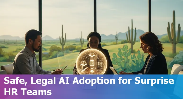 HR professional using AI tools on a laptop with Surprise, Arizona skyline, 2025