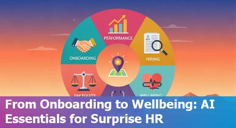 HR professional using AI tools on a laptop with Surprise Arizona skyline in the background