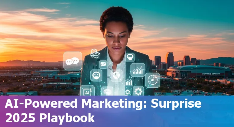 Marketing professional using AI marketing tools in Surprise, Arizona, with icons for Kaltura, Mailchimp, HubSpot, LiveChatAI and Avalara