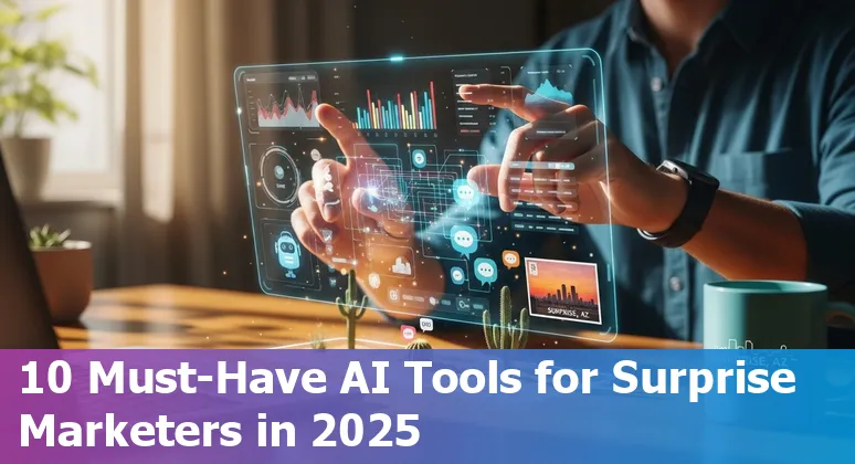 Collage of AI marketing tool logos (Empler AI, Clay, Smartwriter, HubSpot, Jasper, Zapier, Mutiny, Lately, Browse AI, Grammarly) over a map of Surprise, Arizona