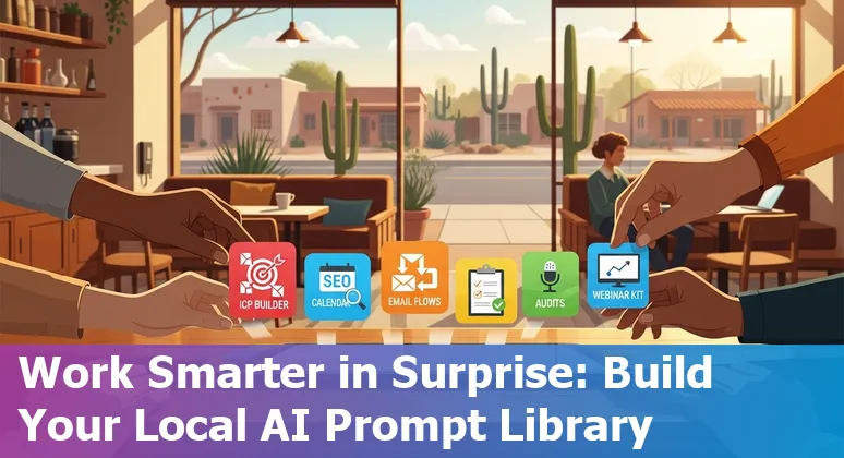 Marketing professional in Surprise, Arizona using AI prompts on a laptop with local map markers and event calendar.