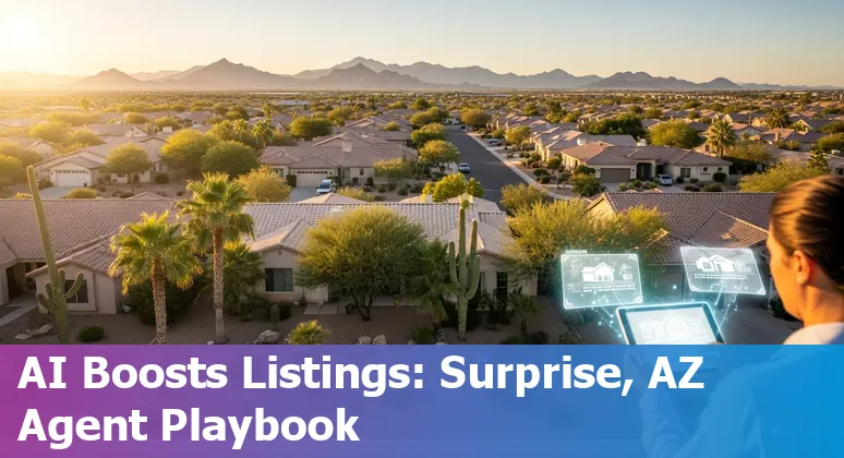 Agent using AI tools on a laptop to create listings and neighborhood reports for Surprise, Arizona homes.