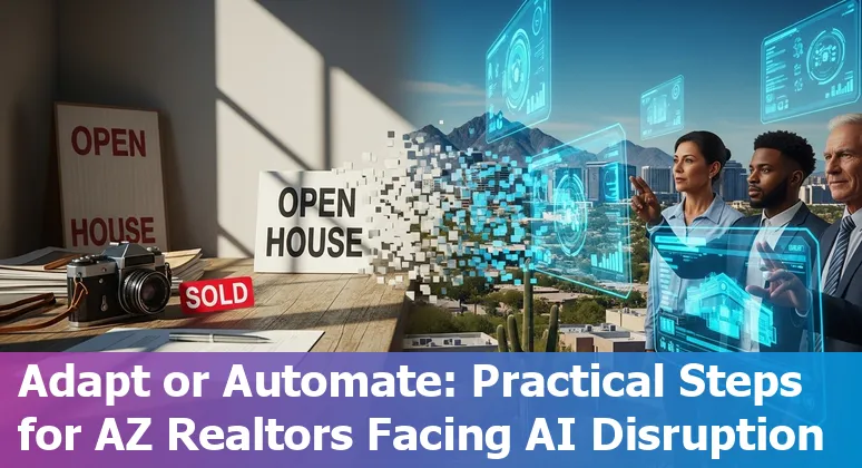 Real estate agent and AI icons over map of Surprise, Arizona; gears and house symbols representing automation