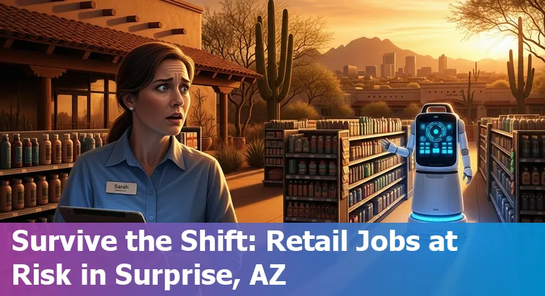 Retail worker using a tablet in a Surprise, Arizona store with self-checkout kiosks and robotics in background