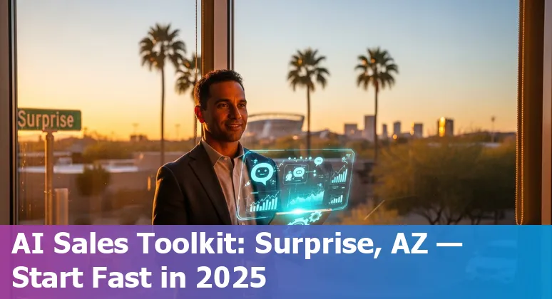 Sales professional using AI tools on laptop in Surprise, Arizona skyline backdrop
