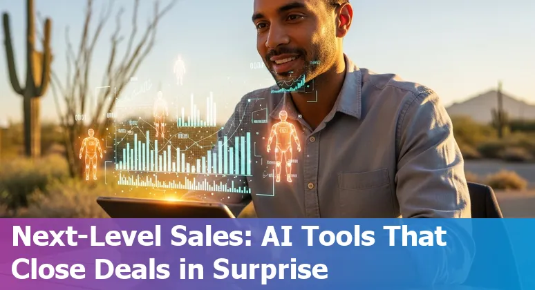 Sales professional in Surprise, AZ using AI sales tools on a laptop with desert skyline background