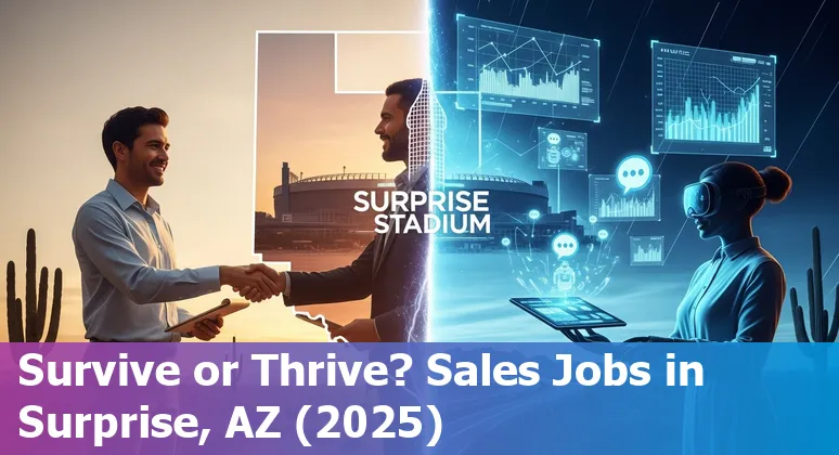 Salesperson using AI tools in Surprise, AZ — laptop with CRM dashboard and city skyline of Surprise, Arizona in background