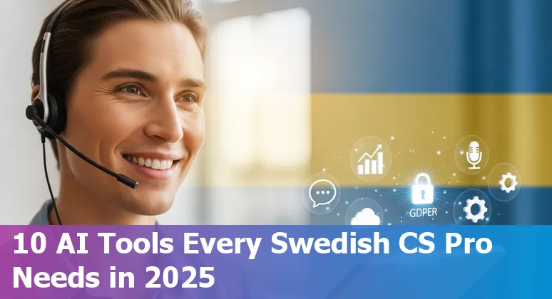 Collage of AI customer service tool icons with a Swedish flag and support agent silhouettes