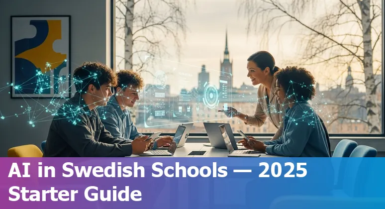 Illustration of AI in Sweden's education sector 2025 showing students and teachers using AI tools in Sweden