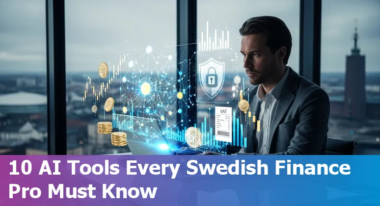 Collage of AI tool icons with Swedish flag and finance symbols like charts and banknotes