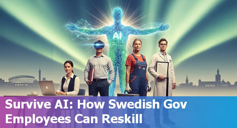 Swedish government office workers with AI icons overlay showing automation impacts on social services, clerks, customer agents, legal advisors and education assessors.
