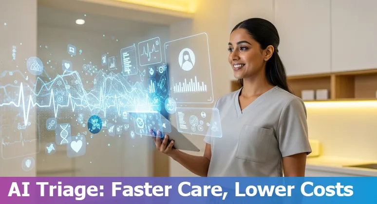 Graphic showing AI improving healthcare efficiency and cost savings in Sweden with remote monitoring, EHR automation and Vårdkartan map in Sweden