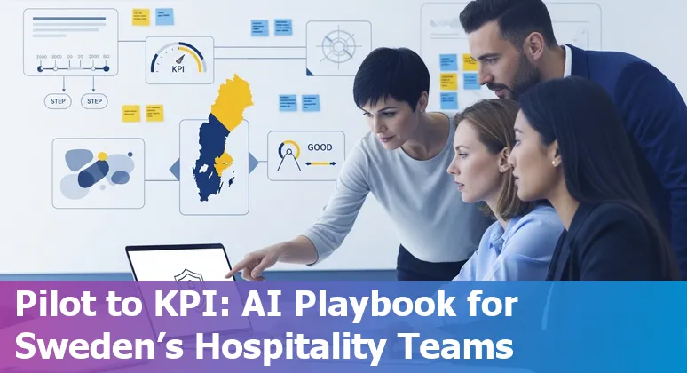 Hotel front desk with AI icons and Swedish flag, representing AI use cases and prompts for hotels in Sweden