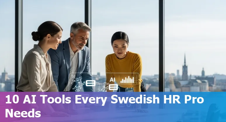HR professionals using AI tools on laptops with Swedish flag overlay and data charts