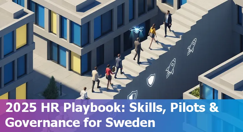 Illustration of AI and HR collaboration in Sweden with HR professionals, AI tools, and Swedish elements