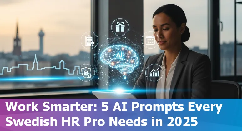 Swedish HR professional using AI prompts on a laptop with Swedish icons for benefits, onboarding and analytics