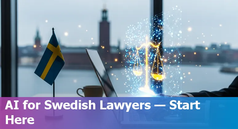 Legal professional using AI tools with Swedish flag and Stockholm skyline in the background - guide for Sweden 2025
