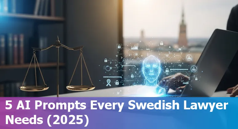 Swedish lawyer using AI prompts on laptop with Swedish flag icon and legal documents, 2025
