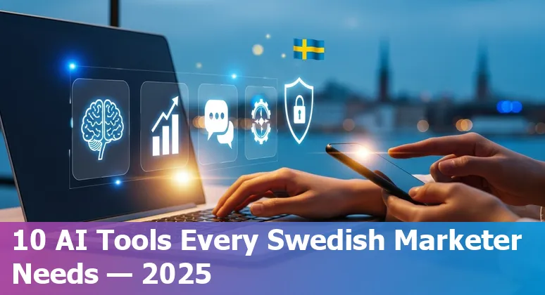 Collage of AI marketing tool logos (ChatGPT, Jasper, Canva, HubSpot, Surfer SEO) over a map of Sweden
