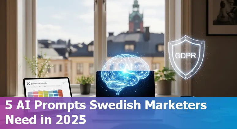 Swedish marketer using AI prompts for SEO, ads, email and social with Stockholm skyline in background