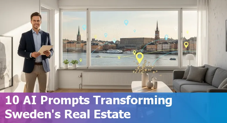 Collage showing Swedish city skyline, Hemnet listing, AI icons and geospatial maps representing AI in real estate