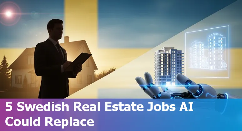Swedish real estate professional using a laptop with AI icons and the Stockholm skyline in the background