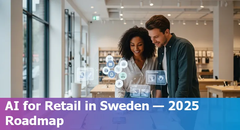 Illustration of retail AI in Sweden with Stockholm skyline, Swedish flag and omnichannel graphs