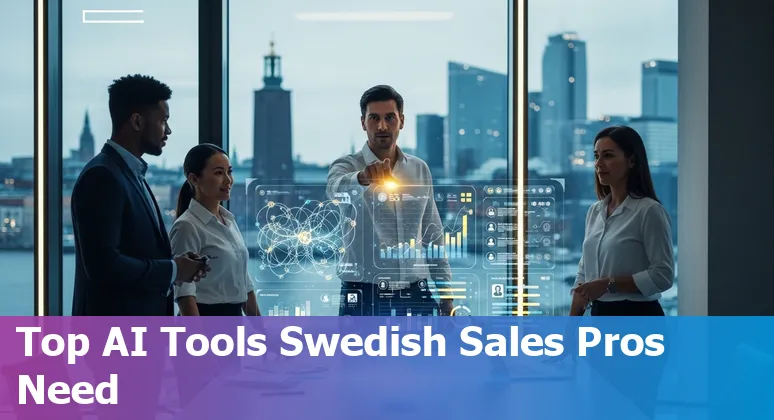 Illustration of top AI sales tools icons (Clari, Gong, Outreach, 6sense, Lavender) with Swedish flag accent.