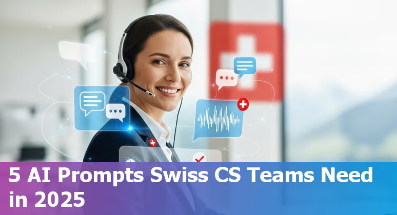 Swiss customer service team using AI prompts on laptop with Swiss flag overlay