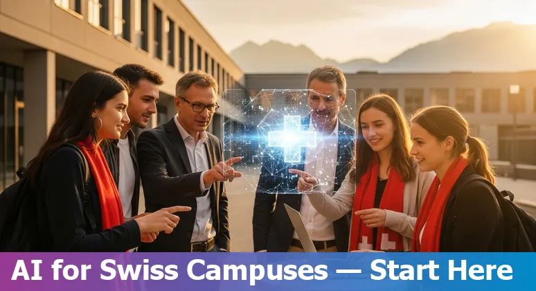 Illustration of AI in Switzerland's education sector showing students, teachers and data flows