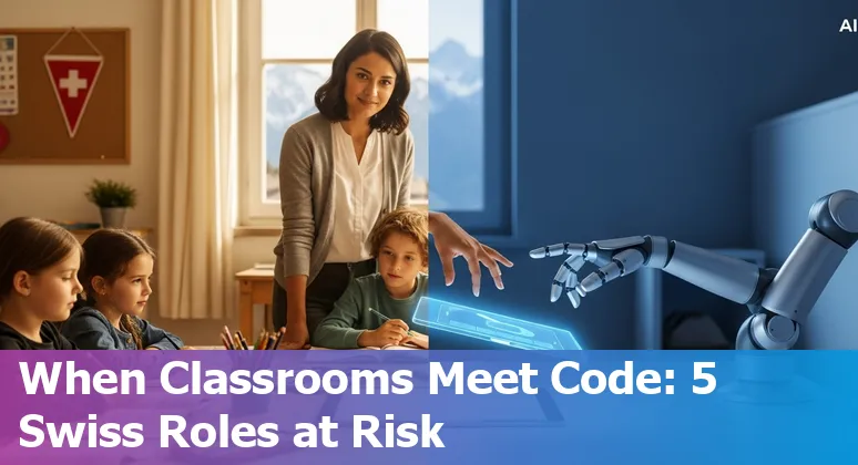 Swiss school staff and teachers using AI tools on a laptop in a classroom to plan lessons and manage tasks.