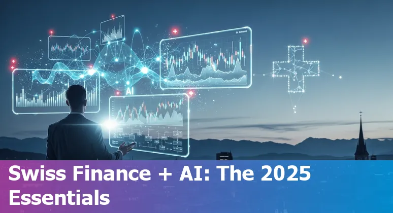 Collage of AI tool icons with Swiss financial symbols (bank, vault, Swiss flag) representing AI for finance professionals in Switzerland 2025