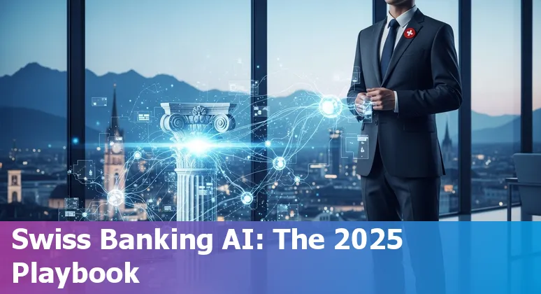 Graphic showing AI and banking icons with Swiss flag representing AI in Switzerland's financial services 2025