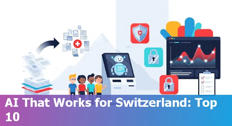 Illustration of Swiss public-sector AI use cases: chatbots, traffic simulations, healthcare planning and regulatory drafting with Swiss icons.
