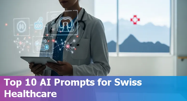 Collage of Swiss hospital, radiology scan, chatbot, and AI network representing top 10 AI use cases in Swiss healthcare