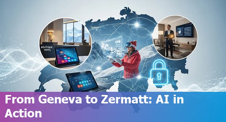 Hotel staff using AI tools on tablet for multilingual concierge, bookings and sustainability in a Swiss Alpine hotel