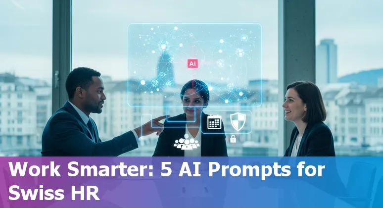 Swiss HR professional using AI prompts on a laptop with multilingual benefits and privacy icons