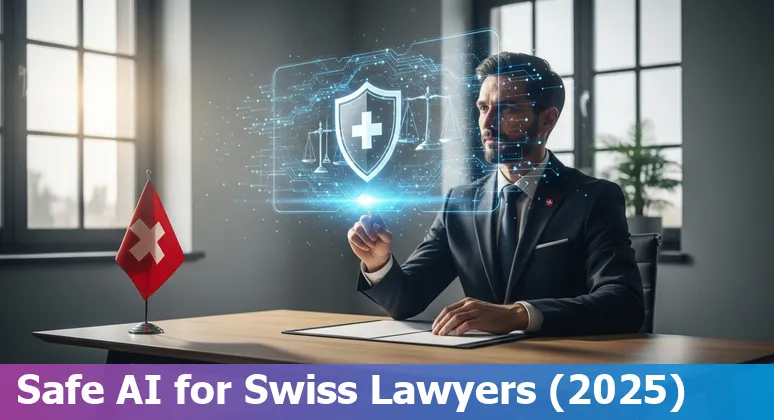 Legal professional using AI on a laptop with Swiss flag overlay — Switzerland 2025