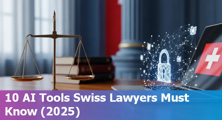 Collage of logos for CoCounsel, ChatGPT, Claude, Microsoft Copilot, Lexis+, Harvey AI, ClauseBase, Diligen, Relativity and Smith.ai over a Swiss flag backdrop