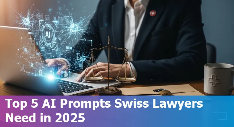 Swiss legal professional using AI prompts on a laptop beside Swiss flag and legal books