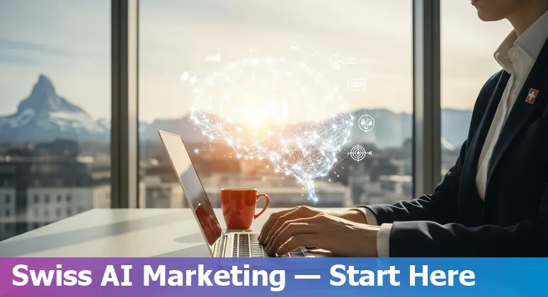 Marketing professional using AI tools in Switzerland in 2025 — laptop with Swiss flag and AI visuals