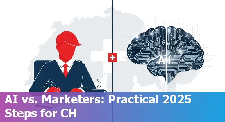Swiss marketer using AI tools on a laptop with Swiss flag visible — Switzerland 2025