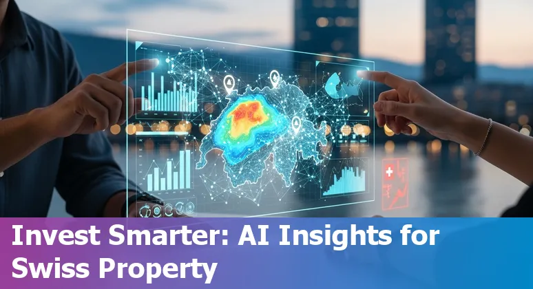 Swiss city skyline with AI icons overlay representing real estate use cases like valuation, listings, chatbots and construction