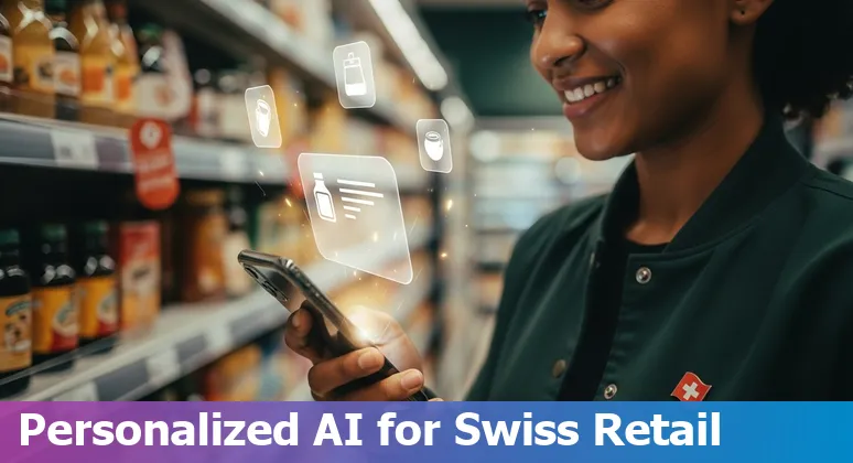 Graphic showing AI-driven retail in Switzerland: product recommendations, forecasting charts and in-store camera analytics.