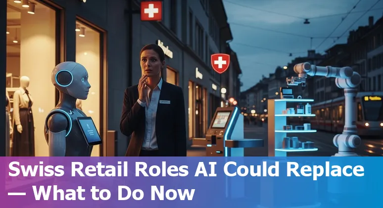 Swiss retail worker at a self-checkout kiosk with AI-generated marketing visuals on a store screen