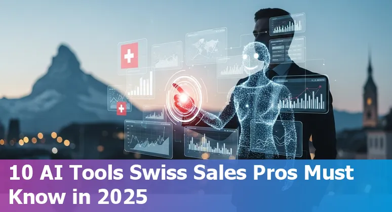 Collage of logos for Persana AI, Lavender, 6sense, Gong, Clari and other top AI sales tools with Swiss map background